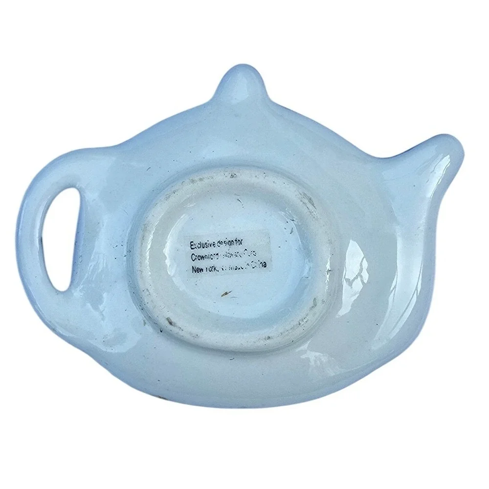 Blue White Basket Weave Teapot Shaped Ceramic Tea Bag Rest Spoon‎ Holder Caddy